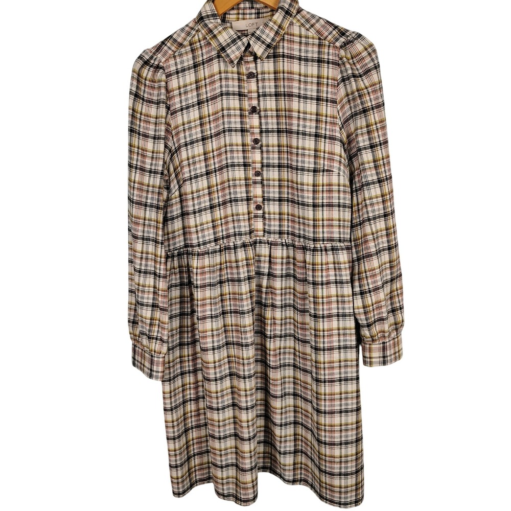 LOFT Womens MP Plaid Babydoll Shirt Dress Multicolor Viscose Preppy Academia
